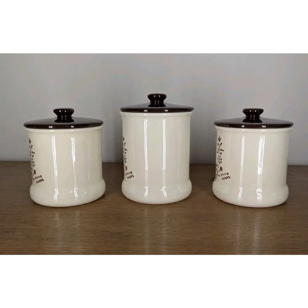 Vintage Holiday Designs USA Canister Set Of 3 Ceramic Brown White Floral Cut Out